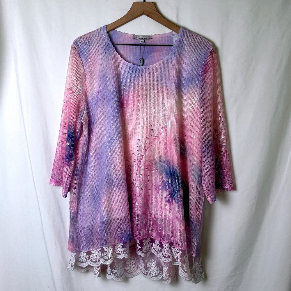 Variations Women Tie Dye Sequin Lace Trim Mesh Tunic Top Size XXL Lilac Pink NEW
